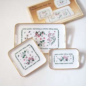 Vintage 3 Piece Plastic Floral Asian Style Lacquerware Tray Set